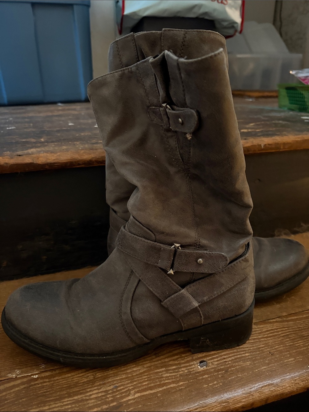 BareTraps Women's Gray Suede Mid-Calf Buckle Boots